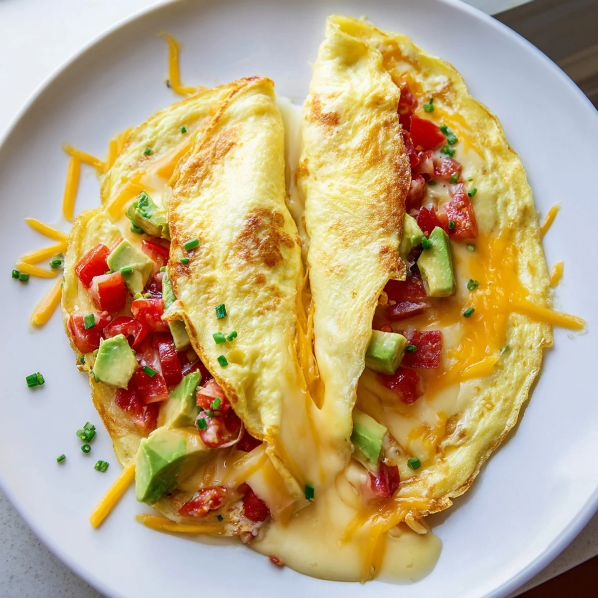 Golden folded avocado cheesy tomato omelette bursting with melted cheddar and fresh diced tomatoes on a white plate