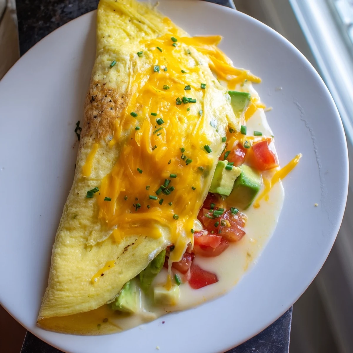 Creamy avocado cheesy tomato omelette served open-faced with gooey melted cheese and vibrant red tomato chunks