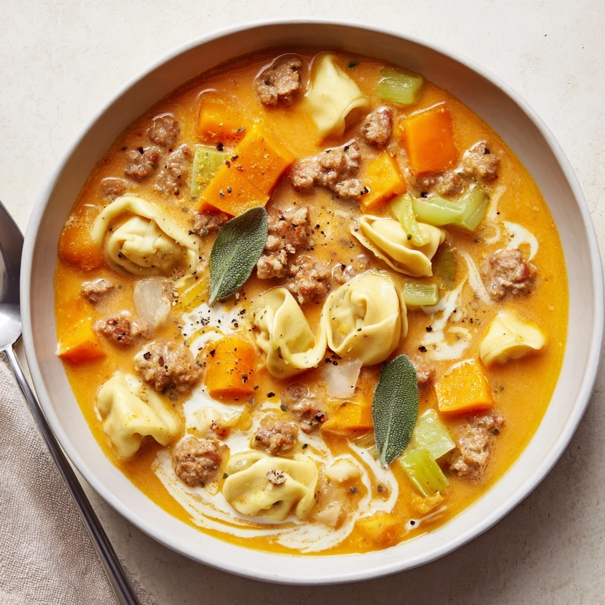Creamy butternut squash sausage tortellini soup in a rustic bowl with sage cheese swirl