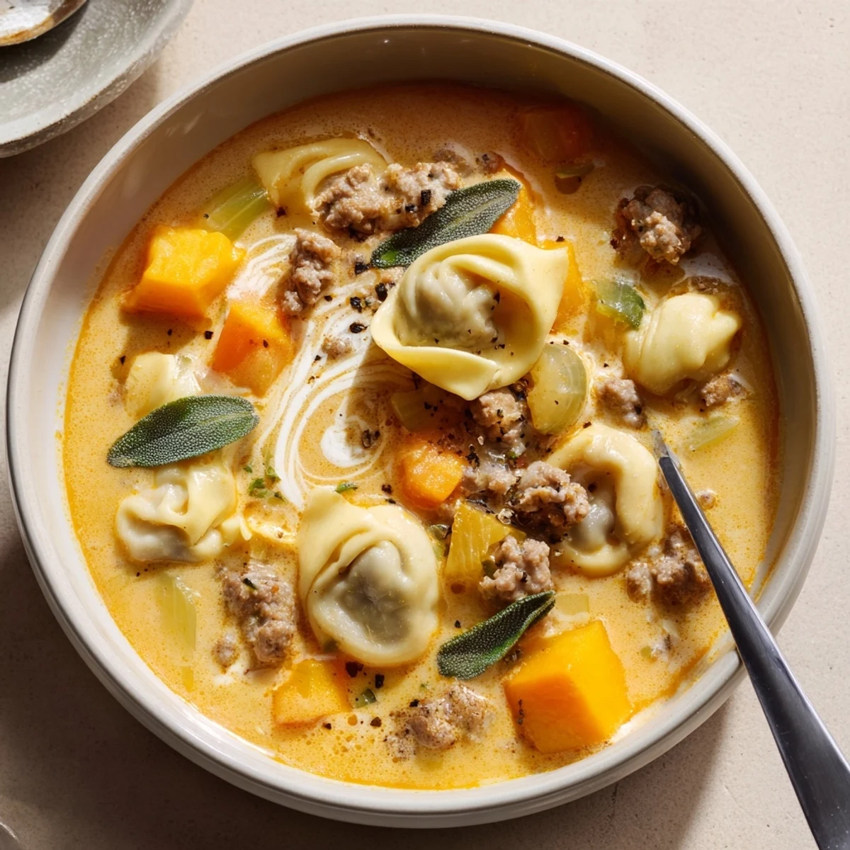 Golden butternut squash sausage tortellini soup topped with a melted sage cheese swirl