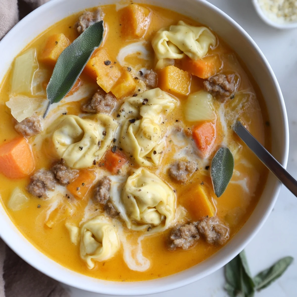 Steaming bowl of butternut squash sausage tortellini soup garnished with fresh sage leaves