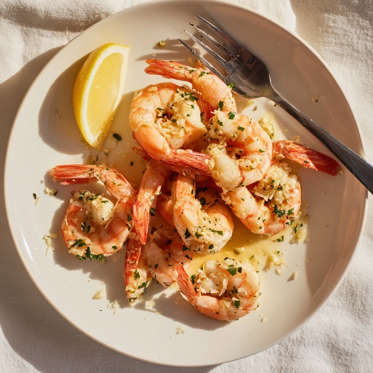 Golden buttered shrimp glistening in a garlicky lemon butter sauce with fresh parsley