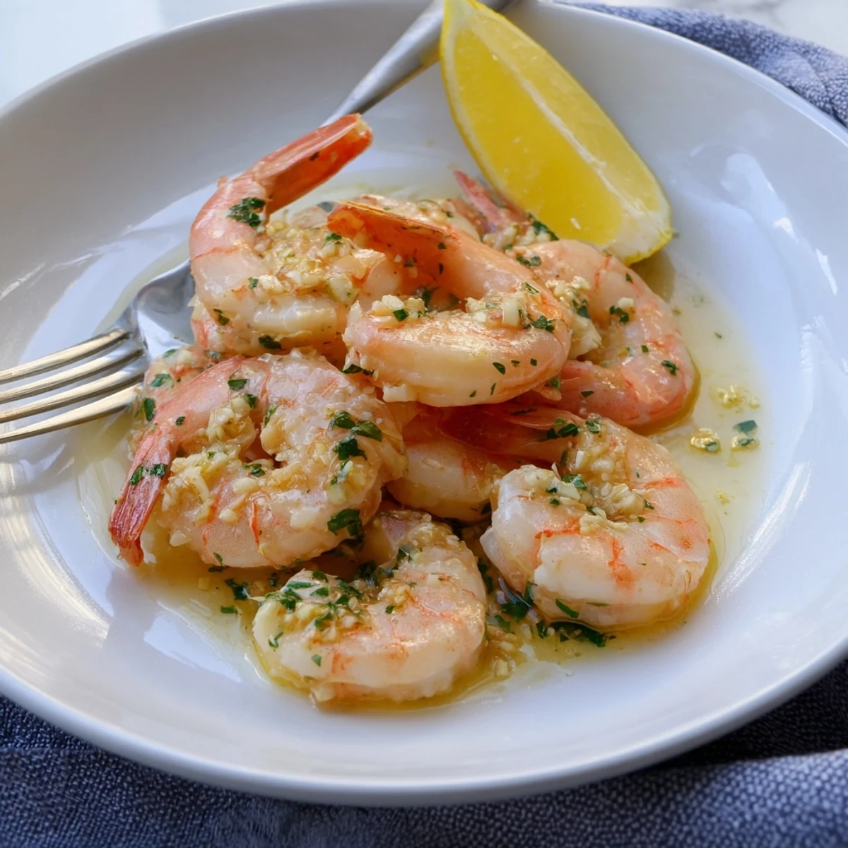 Succulent buttered shrimp sizzling in a rich skillet with minced garlic and lemon wedges