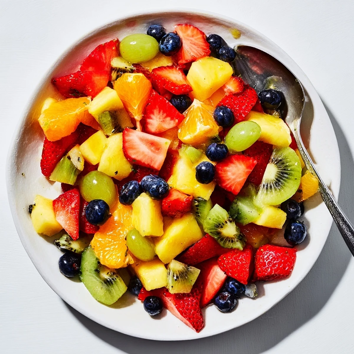Colorful fruit bowl brimming with fresh strawberries, blueberries, and ripe kiwi slices