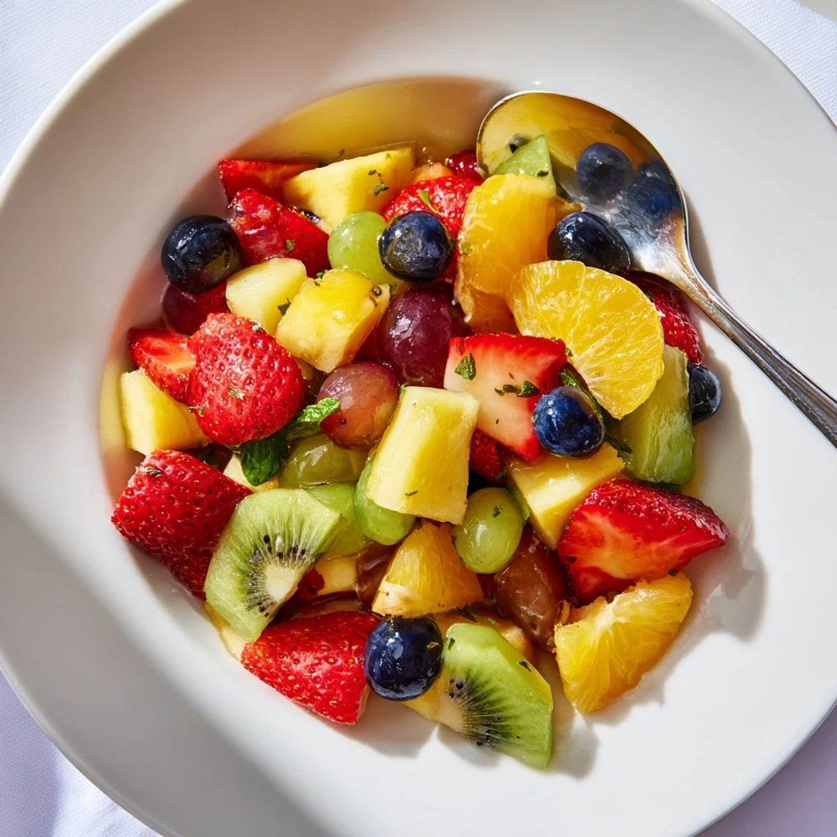 Tropical fruit bowl drizzled with honey mint dressing served in a white dish