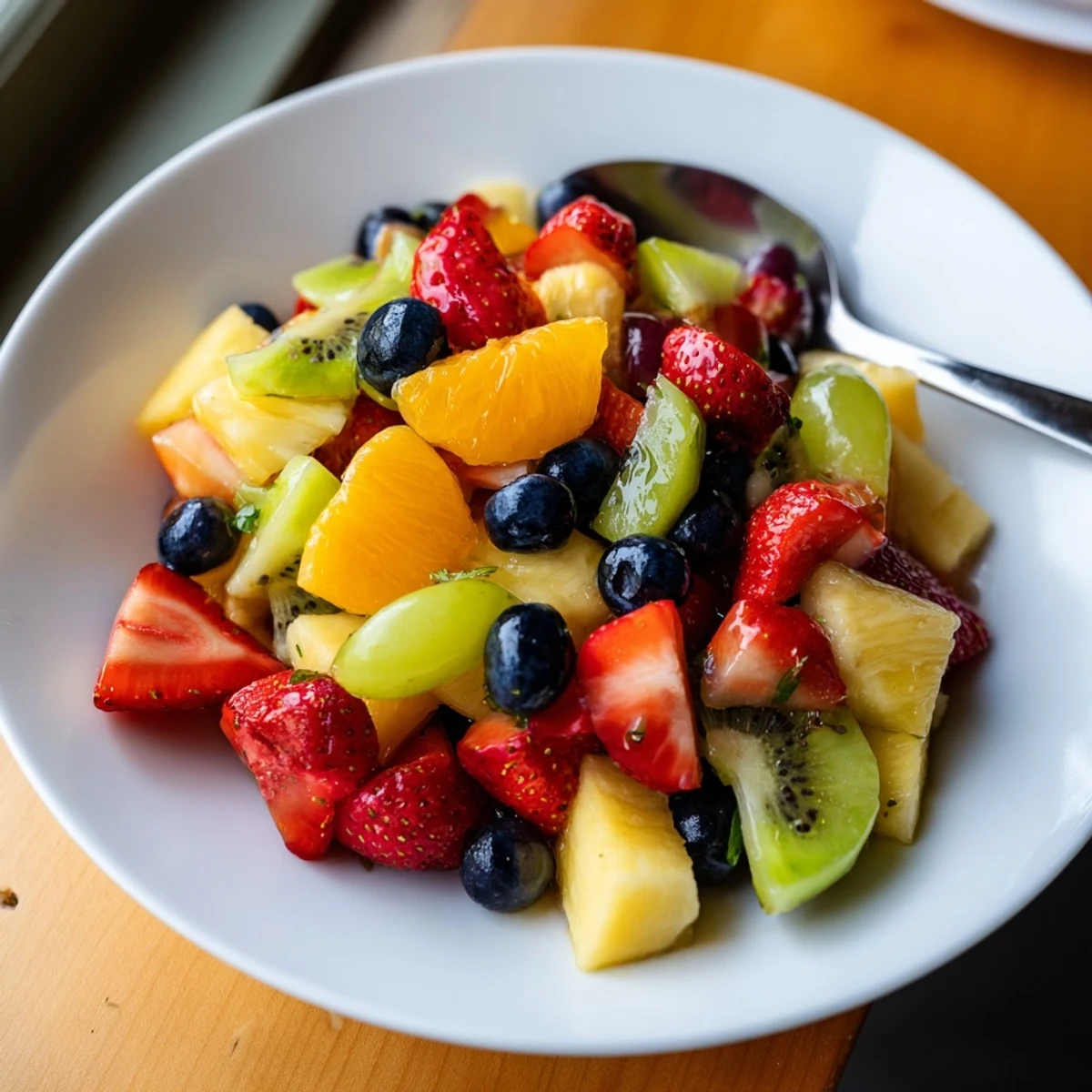 Refreshing fruit bowl featuring juicy pineapple grapes and orange segments on a rustic table