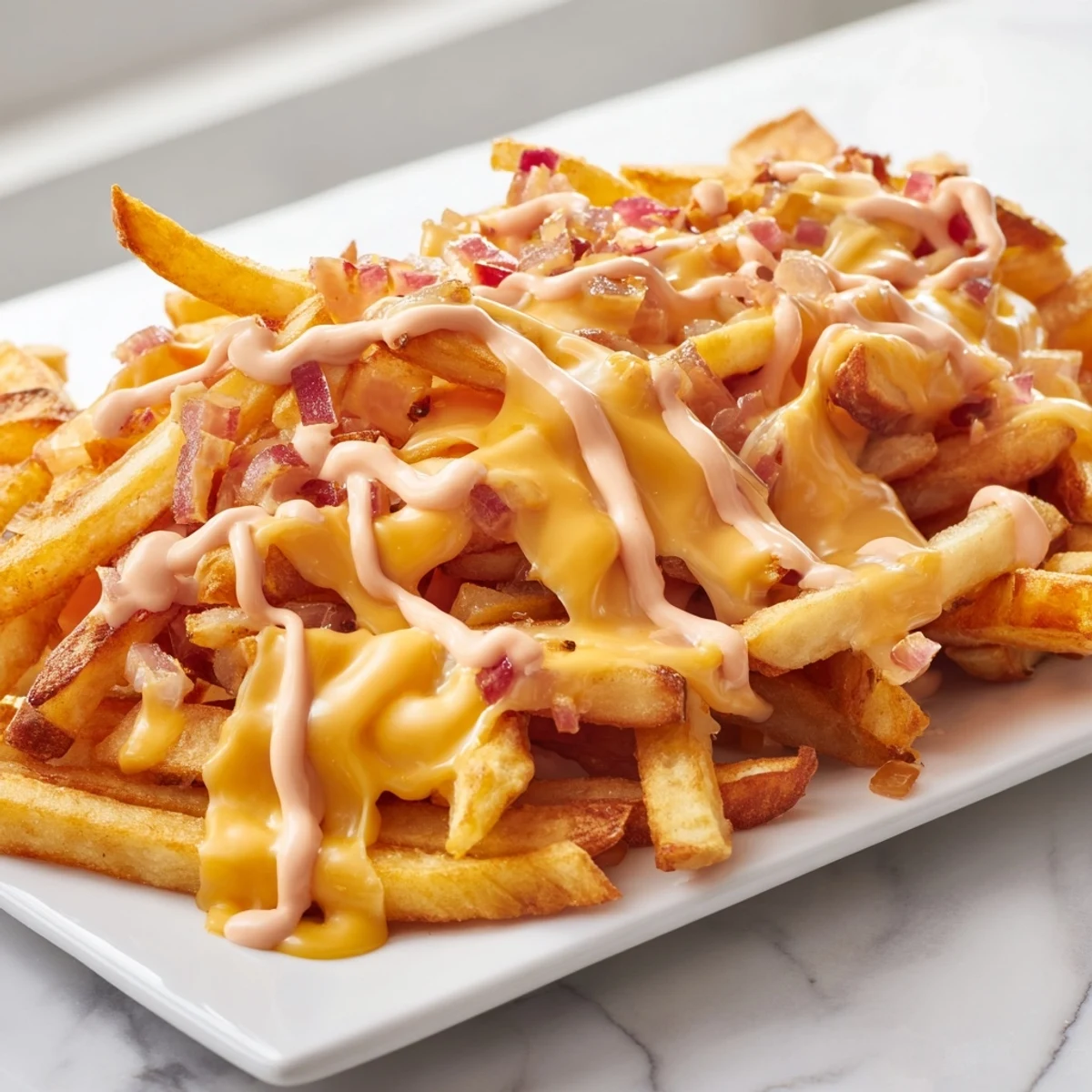 Crispy In N Out Animal Style Fries loaded with melted cheese and grilled onions
