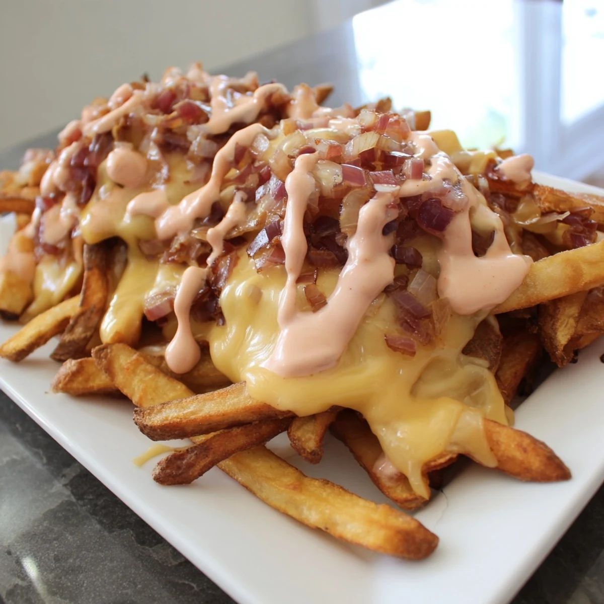 Golden French fries smothered in tangy special sauce and gooey melted cheese slices