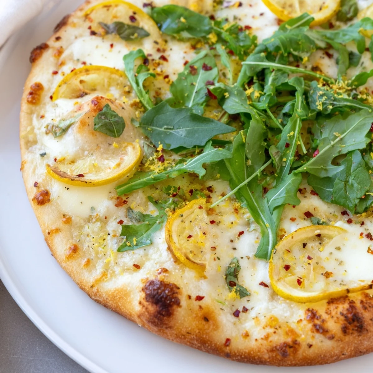 Zesty Summer Lemon Pizza with golden crust, bubbling cheese, and fresh arugula topping