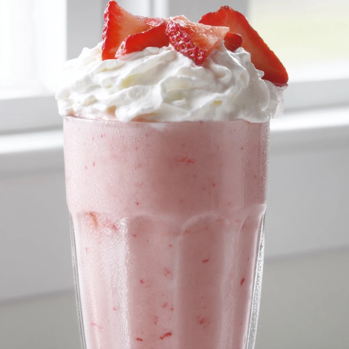 Thick strawberry milkshake topped with whipped cream in a chilled glass