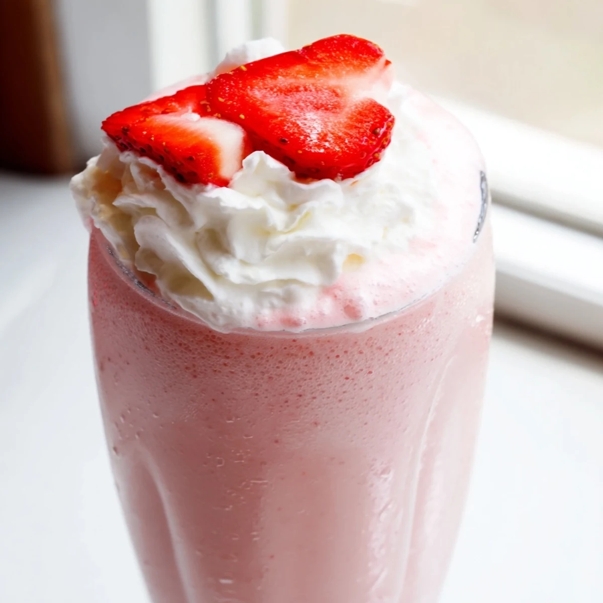 Creamy strawberry milkshake blended with ripe berries and vanilla ice cream