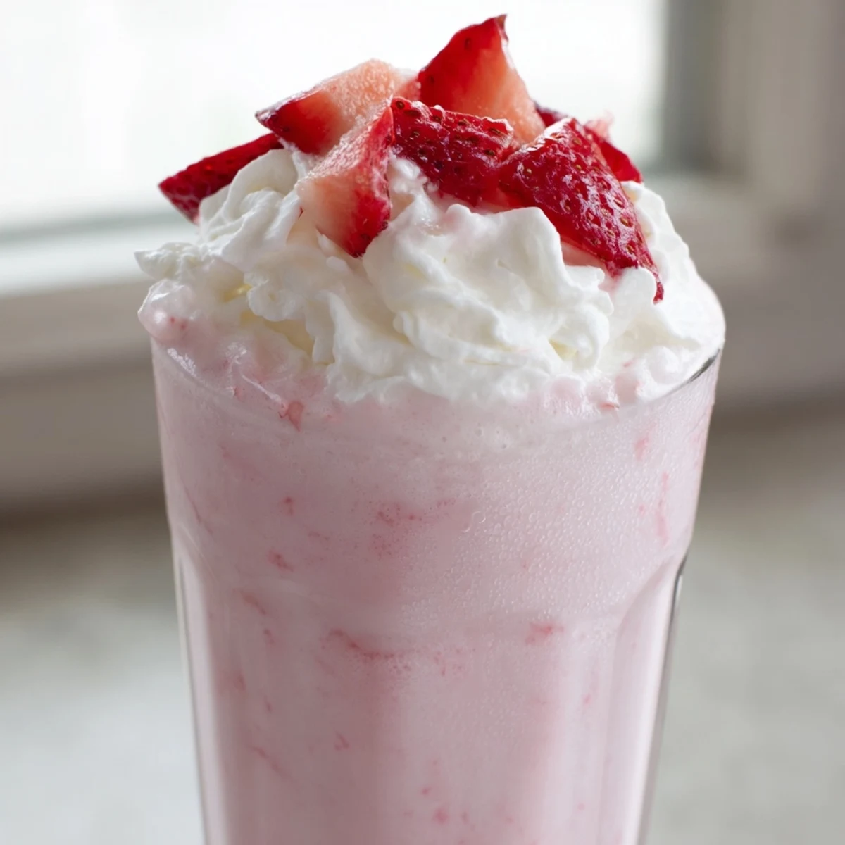 Pink strawberry milkshake garnished with fresh strawberry slices and fluffy whipped cream
