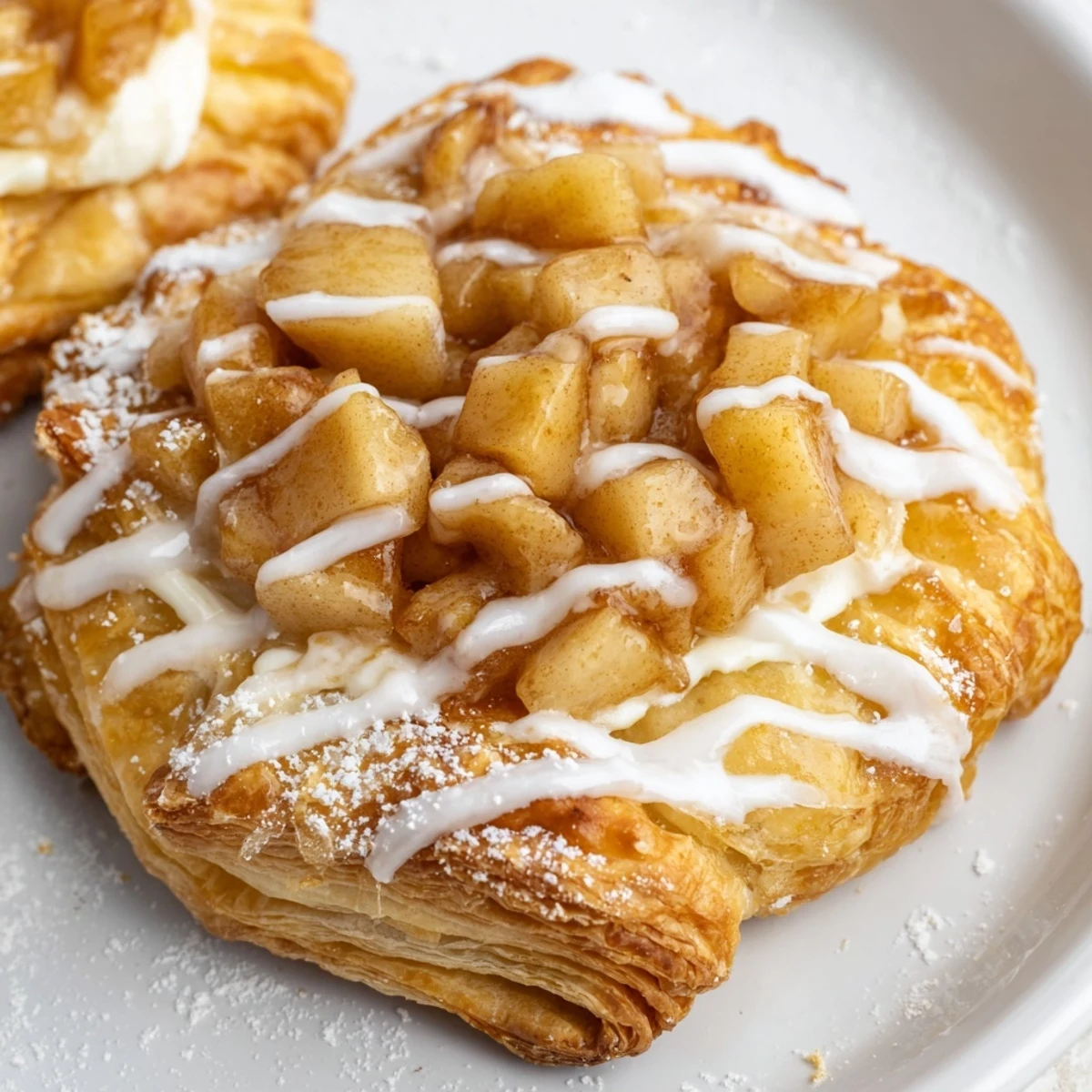 Golden Apple Cheese Danishes with flaky puff pastry, creamy filling, and spiced apples drizzled with sweet icing.