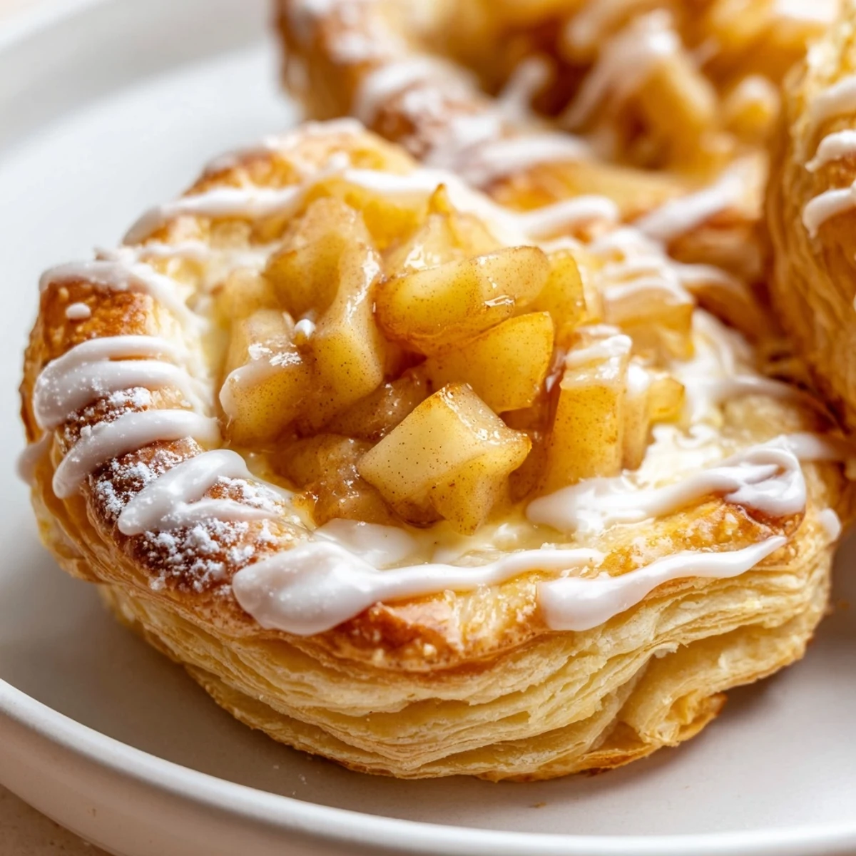 Warm Apple Cheese Danishes fresh from the oven, puffed and golden with tender cinnamon apples and vanilla cream cheese.