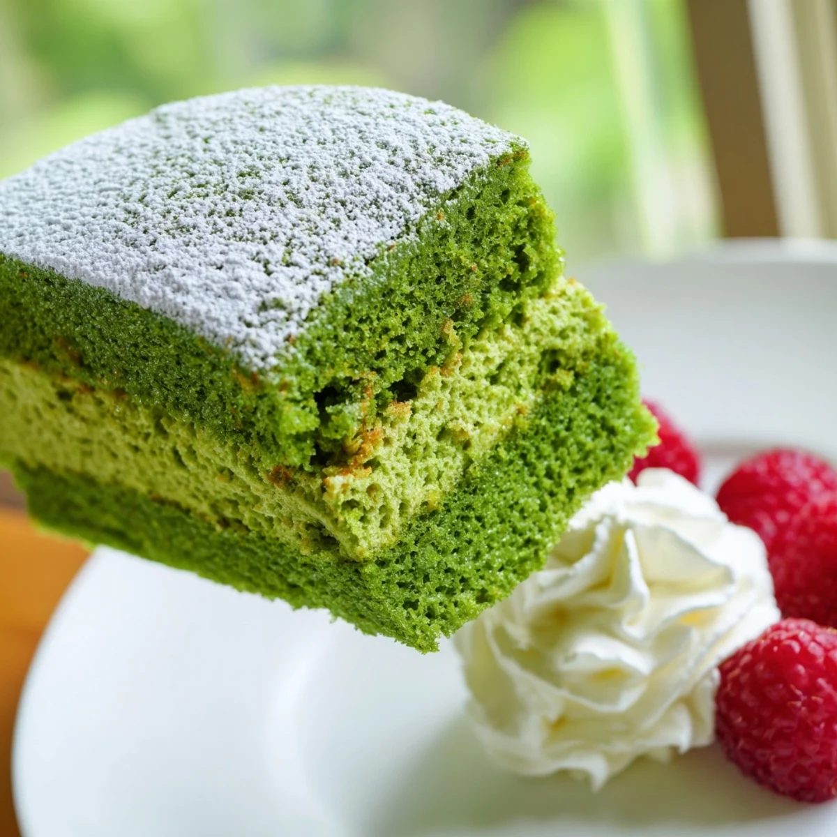 A slice of matcha cake topped with fresh berries and powdered sugar on a white plate