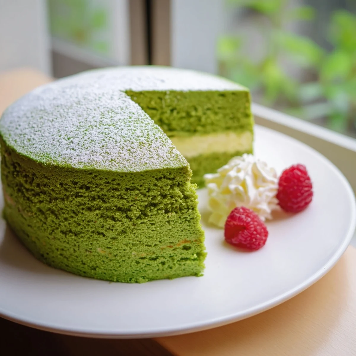A vibrant green matcha cake cooling on a wire rack beside a cup of tea