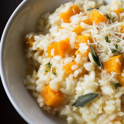 Golden cubes of tender winter squash melt into spoonfuls of Winter Squash Risotto with Sage and Parmesan beside garlic bread.