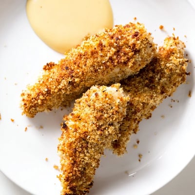 Oven-baked Crispy Baked Chicken Tenders with Honey Mustard served on a plate with a creamy dipping sauce.