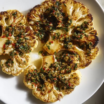 A vibrant herby chimichurri sauce drizzled over thick roasted cauliflower steaks on a platter.