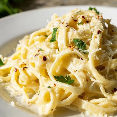 A close-up of luscious Creamy Garlic Pasta featuring fettuccine coated in velvety sauce with melted Parmesan and red pepper flakes.