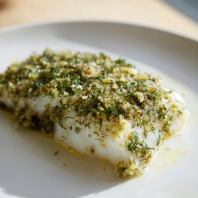 A close-up of tender baked cod with herbs, garlic, and lemon wedges for serving.