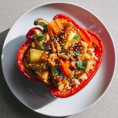Golden-brown Teriyaki Pineapple Chicken and Rice Stuffed Peppers sit on a plate, garnished with green onions and sesame seeds for dinner.
