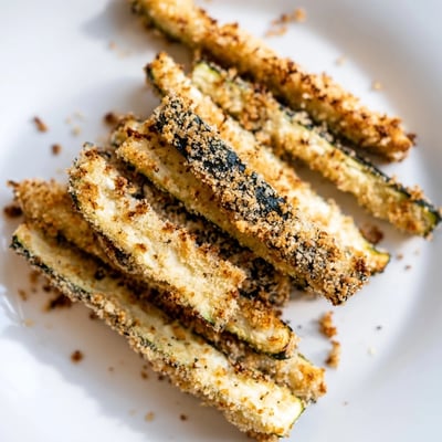 These golden Keto Baked Parmesan Zucchini Fries are served hot with a small bowl of low-carb marinara sauce.
