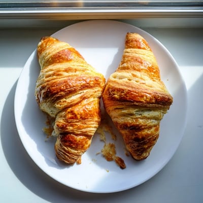 Freshly baked gluten-free croissants are stacked on a wooden cutting board for a rustic breakfast.