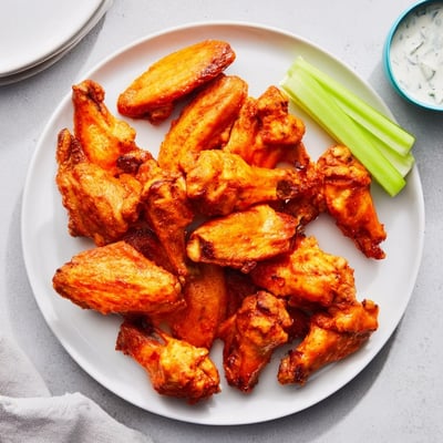 Two Crispy Smoked Buffalo Wings on a plate with a side of ranch, smoky grill marks visible.