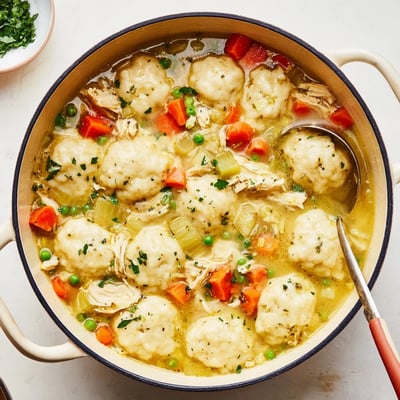 One Pot Chicken Dumpling Soup featuring soft, pillowy dumplings simmering in a creamy broth with shredded chicken, carrots, and peas, perfect for a cozy family dinner.