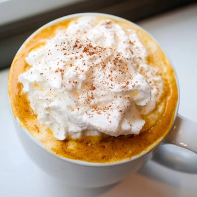 Steaming homemade pumpkin spice latte in a mug with frothy milk foam