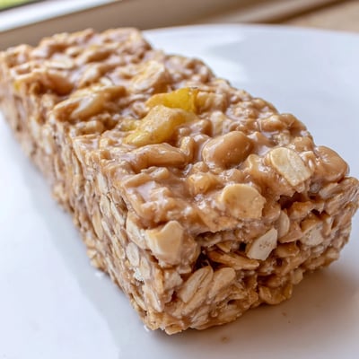 Thick slices of no bake apple peanut butter granola bars drizzled with honey on a rustic board