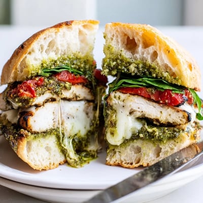 Golden grilled chicken pesto sandwich layered with fresh arugula on a crispy roll