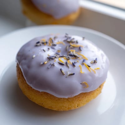 A plate of mini lemon cakes with lavender glaze garnished with citrus zest