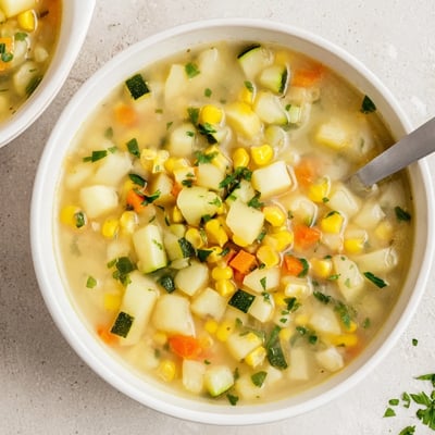 Golden corn kernels and tender diced potatoes in a creamy vegetable soup.