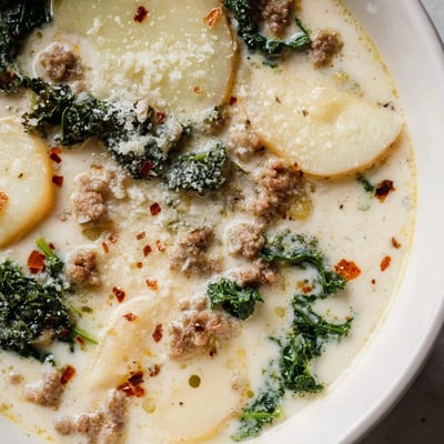 Steaming bowl of Zuppa Toscana soup topped with grated Parmesan and crusty bread