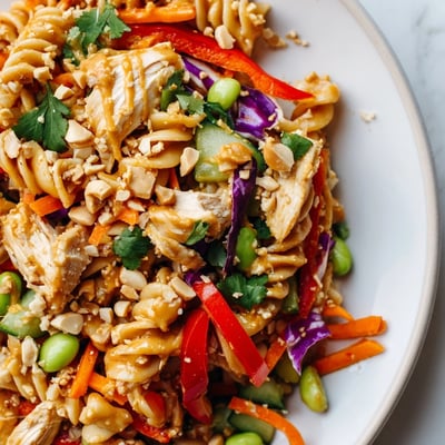 Protein Packed Thai Pasta Salad topped with crushed peanuts sesame seeds and fresh cilantro