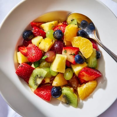 Tropical fruit bowl drizzled with honey mint dressing served in a white dish